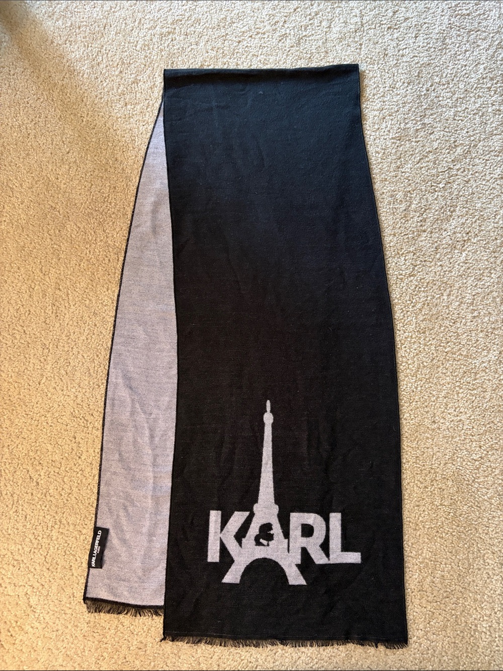 Karl Lagerfeld Black and Light Gray Two-Tone Logo Scarf
